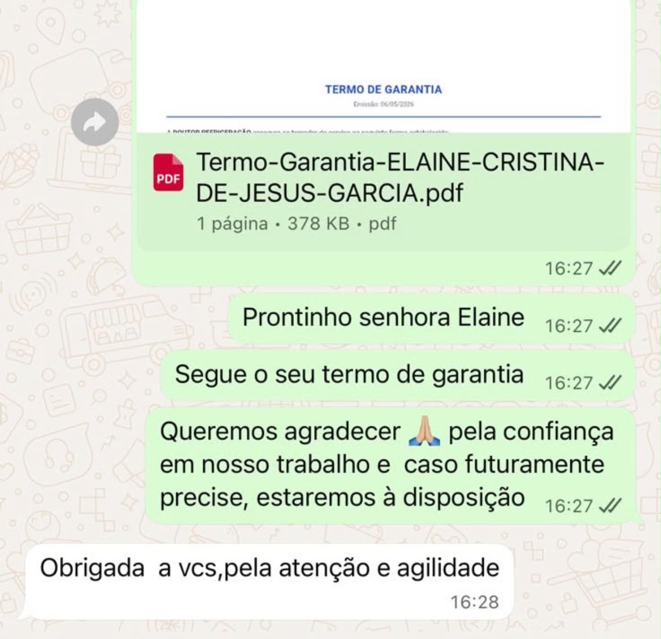 Avaliação de Elaine Cristina enviada por WhatsApp