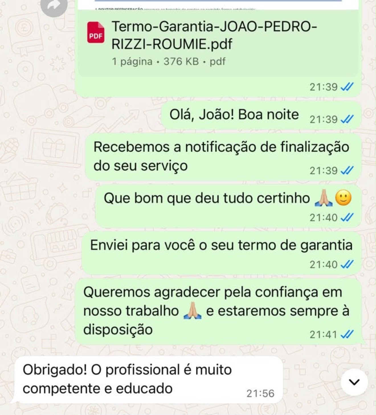 Avaliação de João Pedro enviada por WhatsApp
