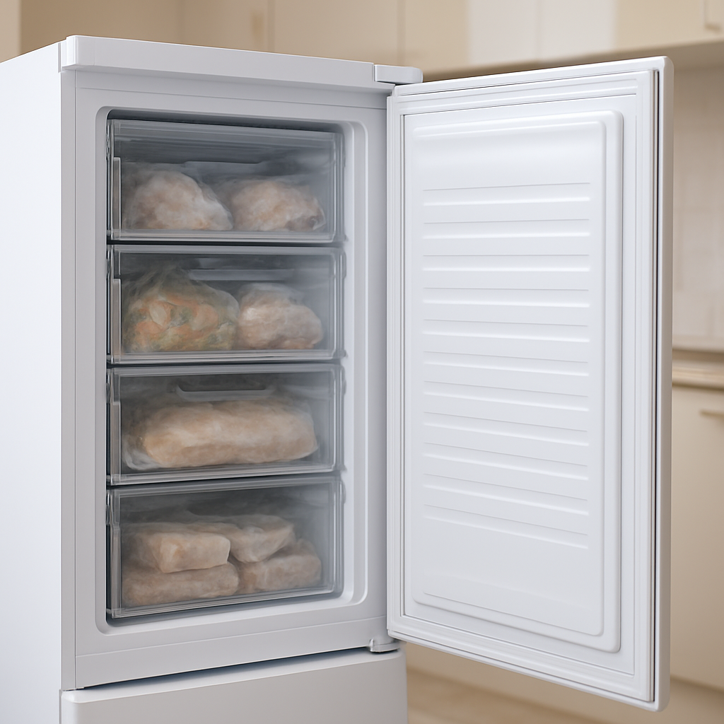 Freezer vertical Brastemp aberto em uma cozinha