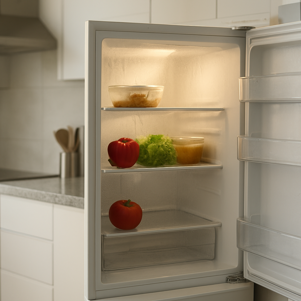 Geladeira Brastemp aberta em uma cozinha, com a luz interna acesa