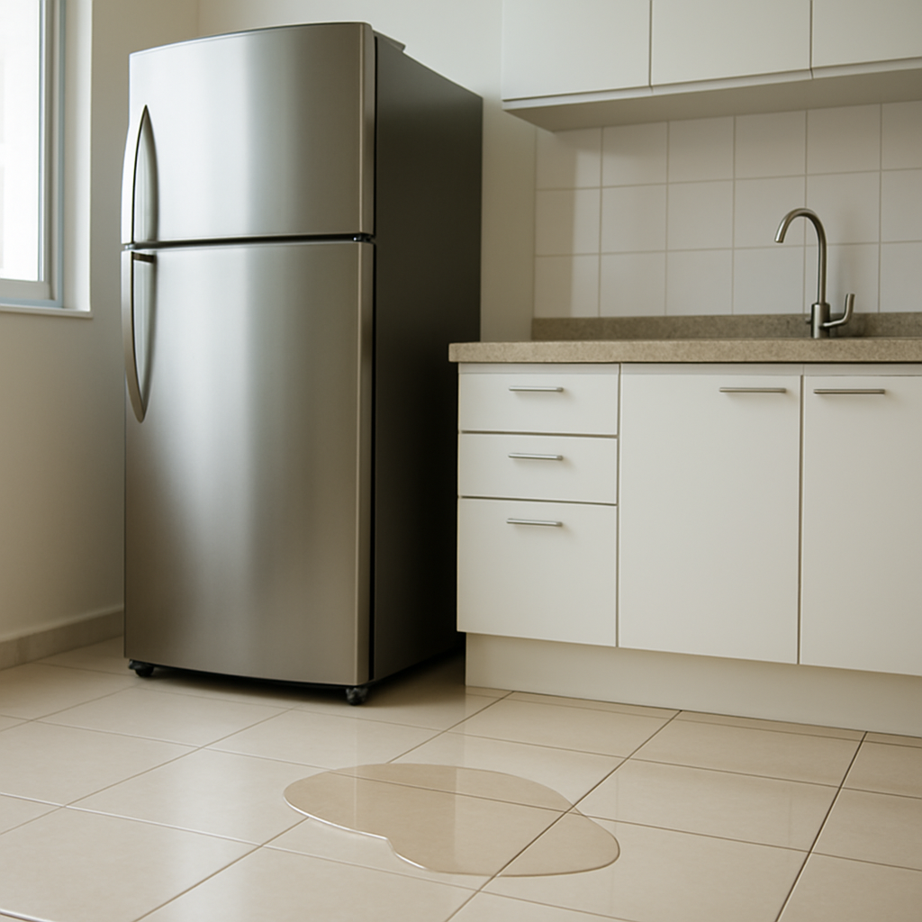 Geladeira Electrolux com uma poça de água no chão da cozinha
