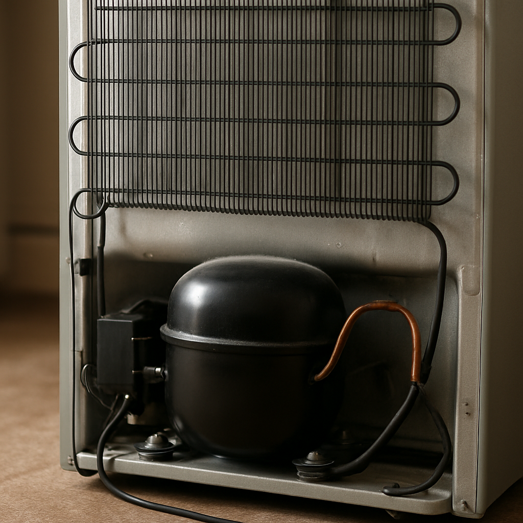 Parte traseira de uma geladeira mostrando o compressor