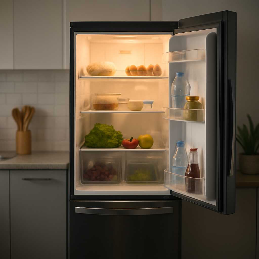 Geladeira LG aberta em uma cozinha contemporânea
